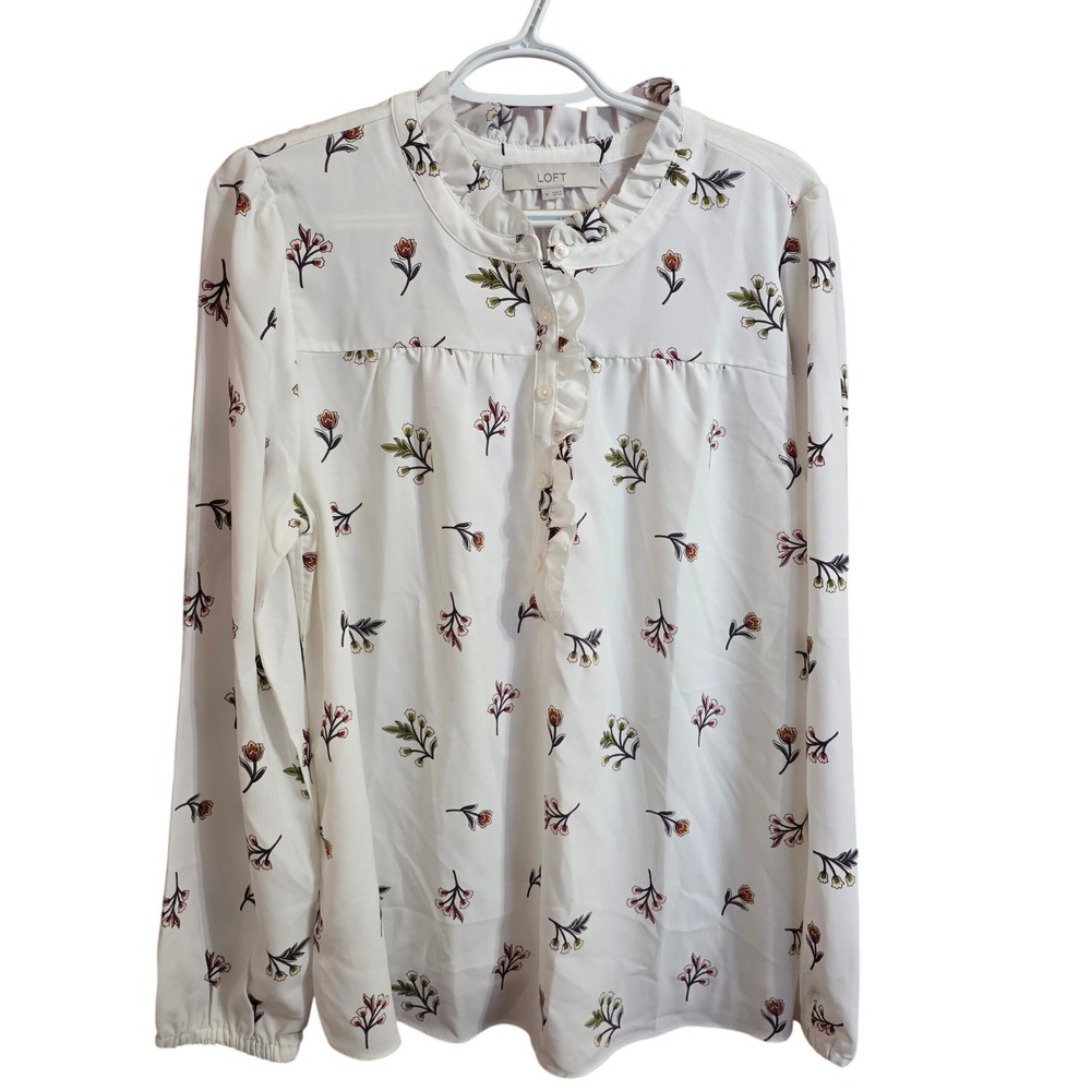 Loft Mixed Media Floral Blouse White Flutter Collar Henley Top NWT Size M